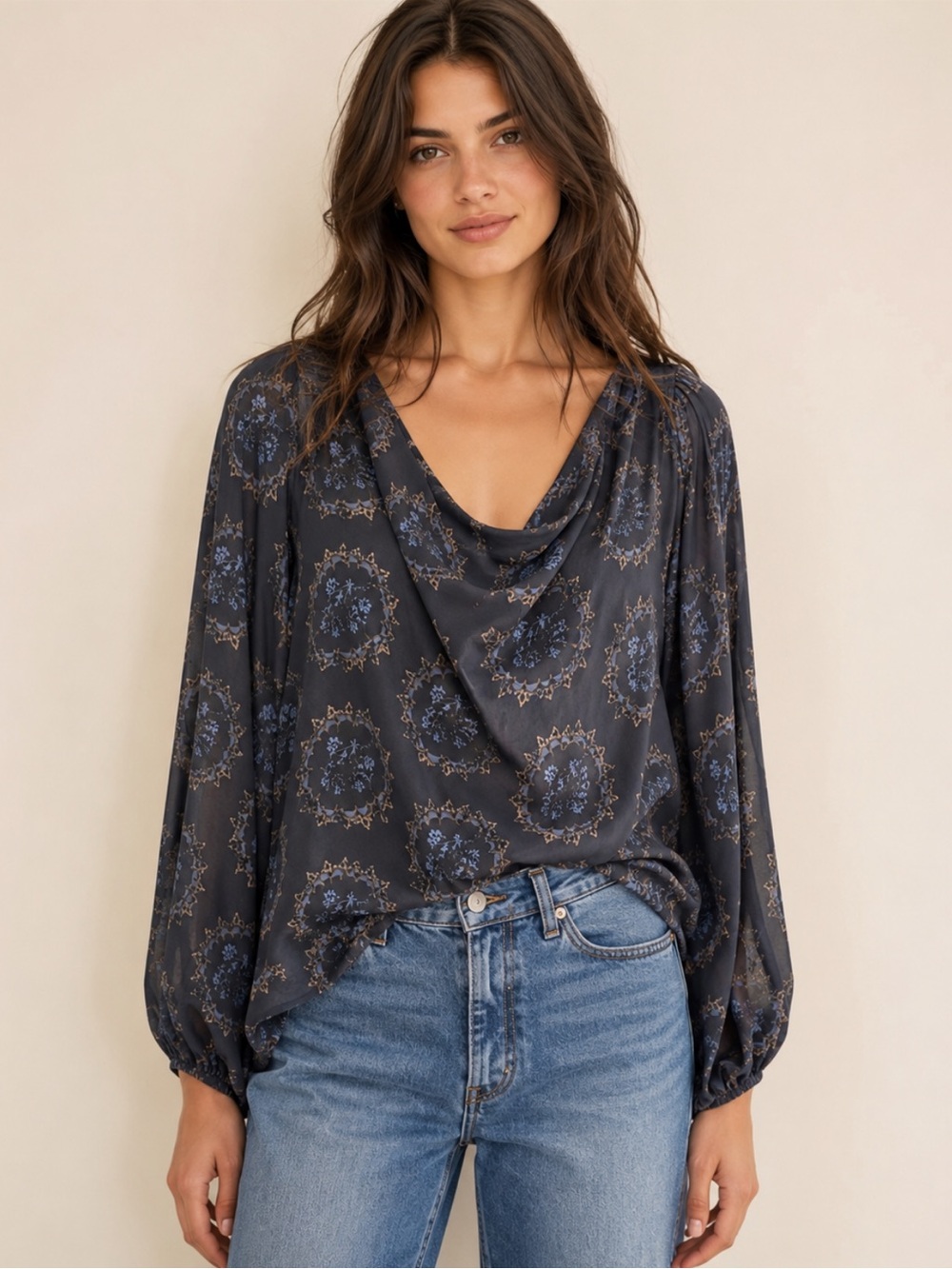 Free People Cowling Around Draped Cowl Neck Charcoal Floral Long Sleeve Top S